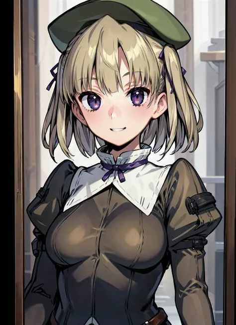 (masterpiece, best quality,), solo, 1girl, urza pranaice,upper body, military uniform, beret, hair ribbon, smile, <lyco:Urza:0.8> <lyco:gyokai:0.4> rance \(series\),