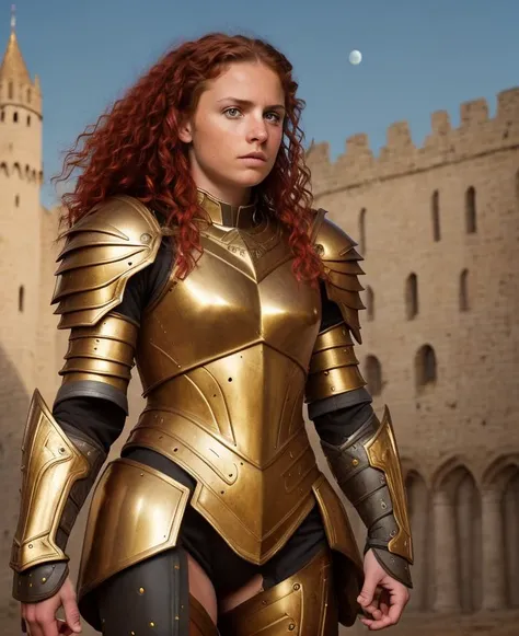 warrior girl, armor gold, hair red, castle, moon, intricate detail ,dark background , HD. Photograph, ((realism)), extremely high quality RAW photograph, ultra detailed photograph, sharp focus, high resolution, (detailed skin:1,3),high quality, film grain, Fujifilm XT3,Highly Detailed, movie, (Cinematic Photo:1.3) of (Realistic:1.3)