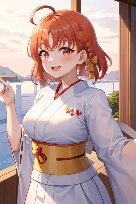 best quality, masterpiece, highres, solo, {white kimono:1.35}, {red hakama:1.35}, {wide sleeves:1.20}, {takami_chika_lovelivesunshine:1.15}, orange_hair, red_eyes, short_hair, ahoge, bangs, smile, blush, braid, hair_ornament, open_mouth, bow, side_braid, hair_bow, breasts
