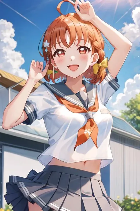 best quality, masterpiece, highres, solo, {takami_chika_lovelivesunshine:1.15}, orange_hair, red_eyes, short_hair, ahoge, bangs, smile, blush, braid, hair_ornament, open_mouth, bow, side_braid, hair_bow, breasts, 1girl, :d, looking_at_viewer, neckerchief, school_uniform, serafuku, short_sleeves, uranohoshi_school_uniform, cloud, day, grey_skirt, skirt, sky, clover_hair_ornament, outdoors, pleated_skirt, arm_up, blue_sky, clenched_hand, midriff_peek, upper_body, yellow_bow