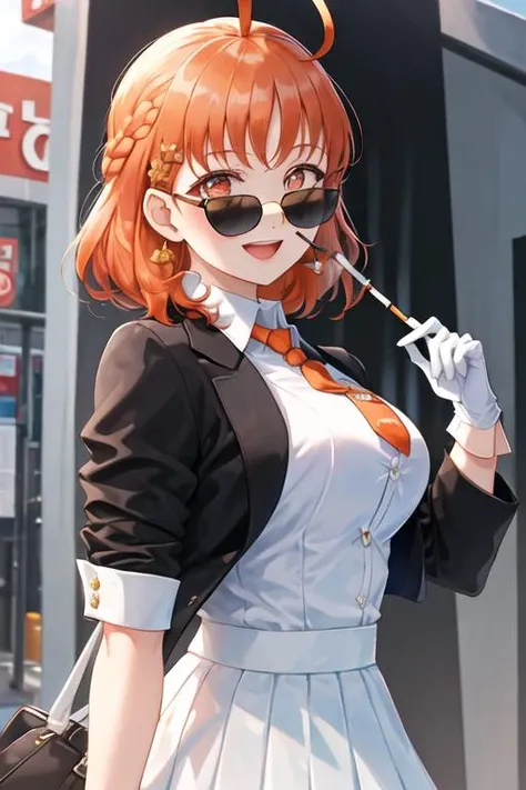 best quality, masterpiece, highres, solo, {black business suit:1.40}, {tie:1.20}, {sunglasses:1.25}, {white gloves:1.15}, {white shirt:1.10}, {black skirt:1.15}, {smoking:1.20}, handsome, {takami_chika_lovelivesunshine:1.15}, orange_hair, red_eyes, short_hair, ahoge, bangs, smile, blush, braid, hair_ornament, open_mouth, bow, side_braid, hair_bow, breasts