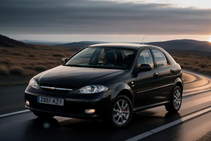 photo of a lachettihatch car, 8k uhd, high quality, road, sunset, motion blur, depth blur, cinematic, filmic image 4k, 8k with [George Miller's Mad Max style]. The image should be [ultra-realistic], with [high-resolution] captured in [natural light]. The lighting should create [soft shadows] and showcase the [raw] and [vibrant colors], volumetric dtx, depth blur, blurry background, bokeh, (motion blur:1.001)  <lora:lachettihatch:1>