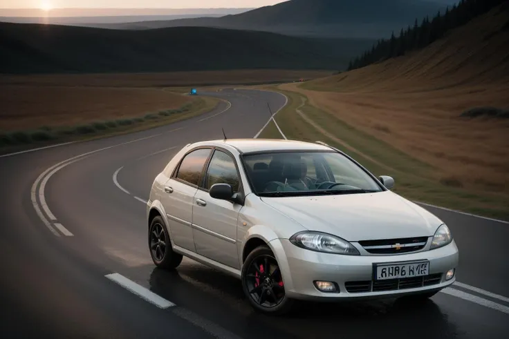 photo of a lachettihatch car, 8k uhd, high quality, road, sunset, motion blur, depth blur, cinematic, filmic image 4k, 8k with [George Miller's Mad Max style]. The image should be [ultra-realistic], with [high-resolution] captured in [natural light]. The lighting should create [soft shadows] and showcase the [raw] and [vibrant colors], volumetric dtx, depth blur, blurry background, bokeh, (motion blur:1.001)  <lora:lachettihatch:1>