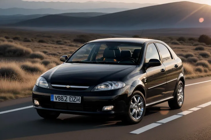 photo of a lachettihatch car, 8k uhd, high quality, road, sunset, motion blur, depth blur, cinematic, filmic image 4k, 8k with [George Miller's Mad Max style]. The image should be [ultra-realistic], with [high-resolution] captured in [natural light]. The lighting should create [soft shadows] and showcase the [raw] and [vibrant colors], volumetric dtx, depth blur, blurry background, bokeh, (motion blur:1.001)  <lora:lachettihatch:1>