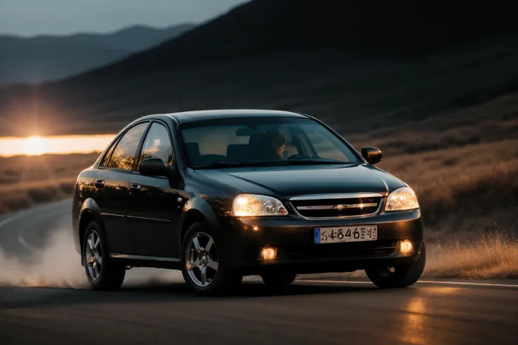 photo of a chevylcht car, 8k uhd, high quality, road, sunset, motion blur, depth blur, cinematic, filmic image 4k, 8k with [George Miller's Mad Max style]. The image should be [ultra-realistic], with [high-resolution] captured in [natural light]. The lighting should create [soft shadows] and showcase the [raw] and [vibrant colors], volumetric dtx, depth blur, blurry background, bokeh, (motion blur:1.001) <lora:chevylcht:1>