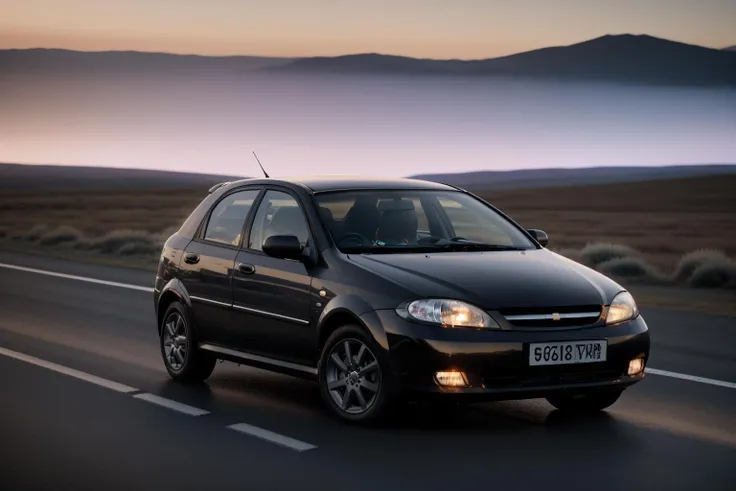 photo of a lachettihatch car, 8k uhd, high quality, road, sunset, motion blur, depth blur, cinematic, filmic image 4k, 8k with [George Miller's Mad Max style]. The image should be [ultra-realistic], with [high-resolution] captured in [natural light]. The lighting should create [soft shadows] and showcase the [raw] and [vibrant colors], volumetric dtx, depth blur, blurry background, bokeh, (motion blur:1.001)  <lora:lachettihatch:1>
