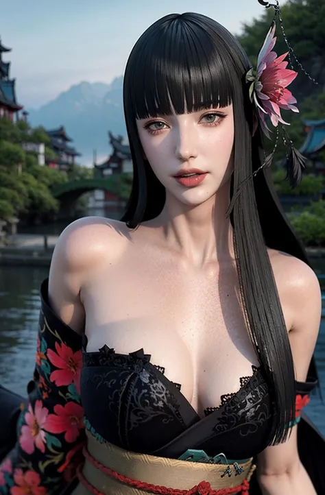 hibiscus Moon with water drops,neon glow, random background, sun rise, bokha mood, <lora:yelu1.0:0.8> black hair, sexy kimono, yotsuyu goe brutus, long hair, kiseru, mole under mouth, blunt_bangs, bangs,architecture, east_asian_architecture,cleavage, shiny skin, from below,