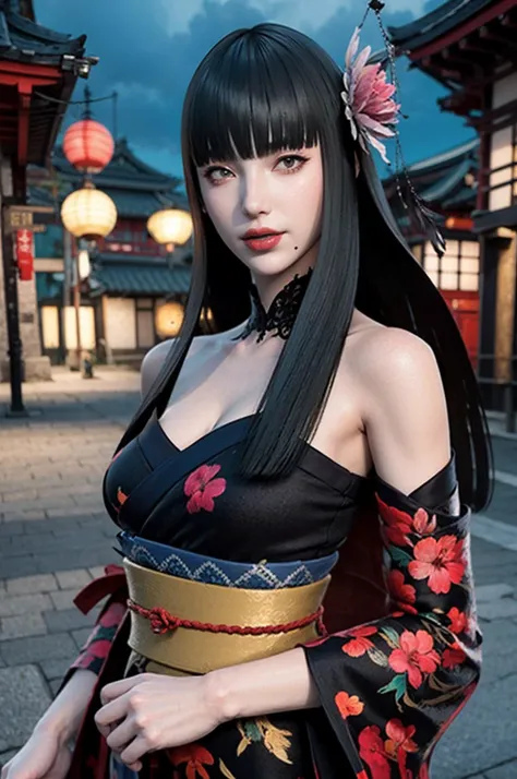hibiscus Moon with water drops,neon glow, random background, sun rise, bokha mood, <lora:yelu1.0:0.7> black hair, sexy kimono, smoke, yotsuyu goe brutus, upper body, long hair, kiseru, mole_under_mouth, blunt_bangs, bangs,architecture, east_asian_architecture, japanese_clothes