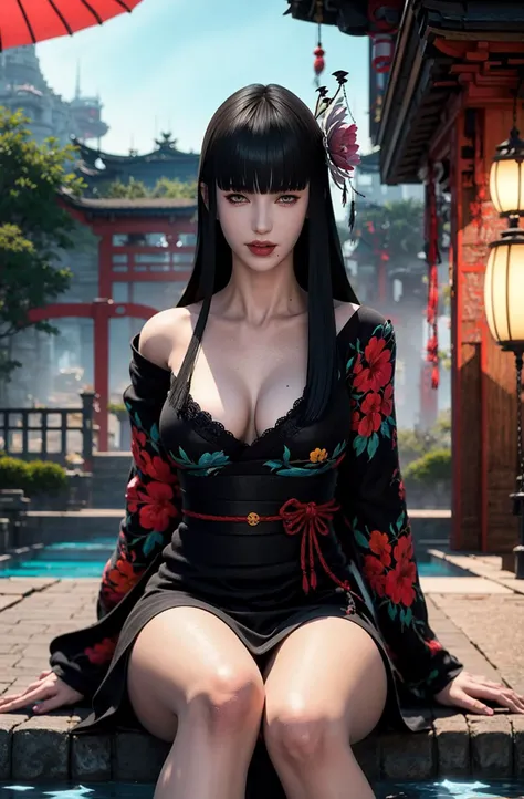 hibiscus Moon with water drops,neon glow, random background, sun rise, bokha mood, <lora:yelu1.0:0.7> black hair, sexy kimono, smoke, yotsuyu goe brutus, long hair, kiseru, mole under mouth, blunt_bangs, bangs,architecture, east_asian_architecture,cleavage, shiny skin,