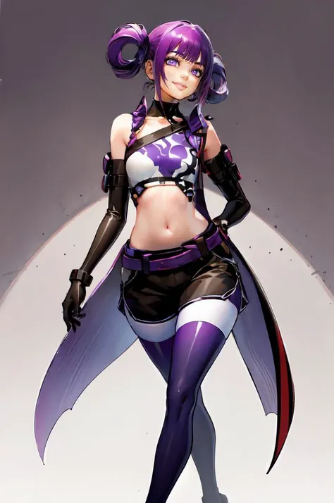 <lora:OmarDogan_08v2:0.9> purple and red and violet theme,, ultra detailed, masterpiece, best quality,, solo, seductive smile, red lips,
1girl, purple eyes, red hair, blunt bangs, medium breasts, <lora:hair_rings:1> low hair rings,, taut clothes, choker, bandeau, elbow gloves, taut shorts, lowleg shorts, navel, groin tendon, belt, patterned legwear, pantyhose, (pantyhose under shorts:1.2), high heel boots,