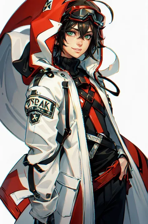 <lora:OmarDogan_08v2:0.9> red theme,, ultra detailed, masterpiece, best quality,, ultra detailed, masterpiece, best quality, solo, smile, 1boy, green eyes, short hair, black hair, bangs, hair between eyes, messy hair, goggles on head,, headband, white coat, hooded coat, hood down, open coat, turtleneck, capri pants, pants, black knee boots,