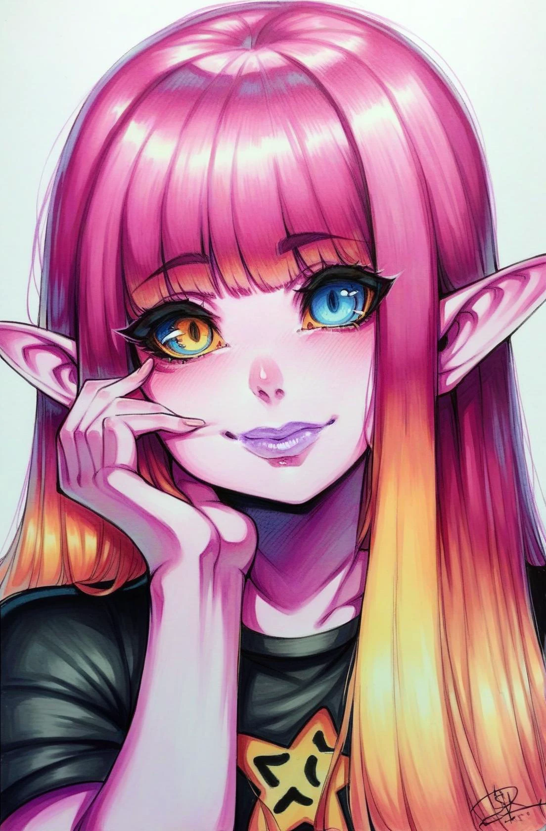score_9,score_8_up,score_7_up,score_6_up,score_5_up,score_4_up 1girl,solo,long hair,looking at viewer,smile,bangs,blue eyes,simple background,shirt,closed mouth,yellow eyes,upper body,pink hair,short sleeves,multicolored hair,pointy ears,fang,shiny,artist name,hand up,star (symbol),lips,gradient,black shirt,gradient background,gradient hair,makeup,glowing,colored skin,portrait,hand on own face,colored sclera,hand on own cheek,purple lips,pink skin <lora:OmarDogantXL:0.8> score_9, source_anime, marker \(medium\), traditional media