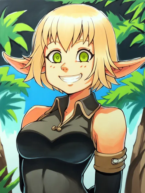 score_9, score_8_up, score_7_up, score_6_up, score_5_up, score_4_up, BREAK, source_cartoon, source_anime, 1girl, evangelyneold, blonde hair, short hair, green eyes, pointy ears, elf, black fingerless elbow gloves, bare shoulders, bodysuit, smile,arms behind back, upper body, solo, looking at viewer, trees, jungle background, marker \(medium\), traditional media <lora:EvangelyneXL:1> <lora:OmarDogantXL:1>