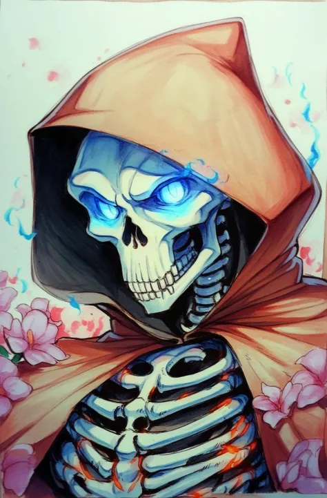 score_9,score_8_up,score_7_up,score_6_up,score_5_up,score_4_up solo,1boy,flower,male focus,hood,glowing,fire,glowing eyes,pink flower,hood up,skull,glowing eye,skeleton,bone,blue fire,pillarboxed <lora:OmarDogantXL:0.8> score_9, source_anime, marker \(medium\), traditional media
