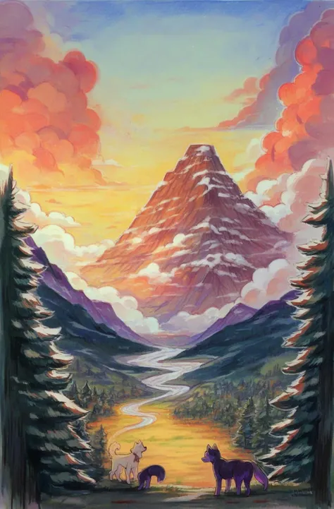 score_9,score_8_up,score_7_up,score_6_up,score_5_up,score_4_up outdoors,sky,cloud,tree,no humans,animal,cloudy sky,nature,scenery,forest,sunset,dog,mountain,twilight,gradient sky,purple sky,pine tree <lora:OmarDogantXL:0.8> score_9, source_anime, marker \(medium\), traditional media