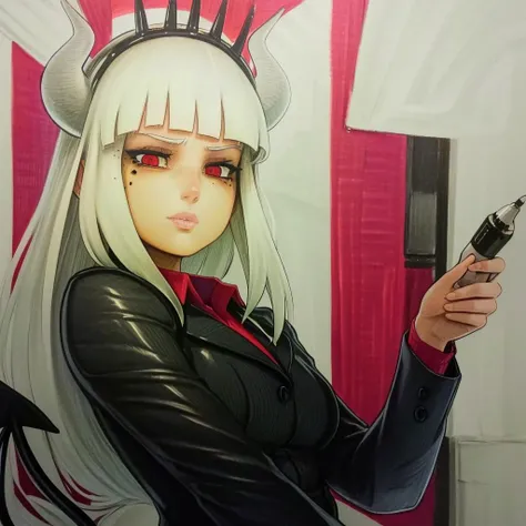 <lora:NAI-helltaker_(series):1> lucifer \(helltaker\), horns, red eyes, white hair, 1girl, demon girl, mole, mole under eye, demon horns, white horns, suit, tail, demon tail, bangs, long hair, marker \(medium\), traditional media <lora:OmarDogan_08v2:1>