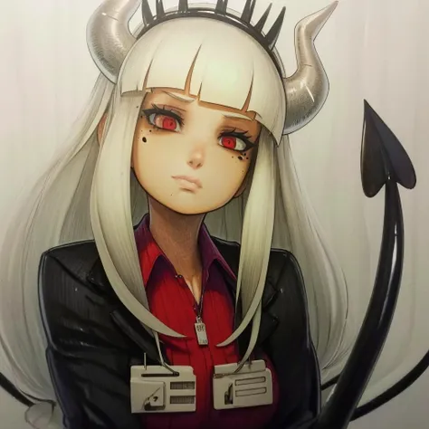 <lora:NAI-helltaker_(series):1> lucifer \(helltaker\), horns, red eyes, white hair, 1girl, demon girl, mole, mole under eye, demon horns, white horns, suit, tail, demon tail, bangs, long hair, marker \(medium\), traditional media <lora:OmarDogan_08v2:1>