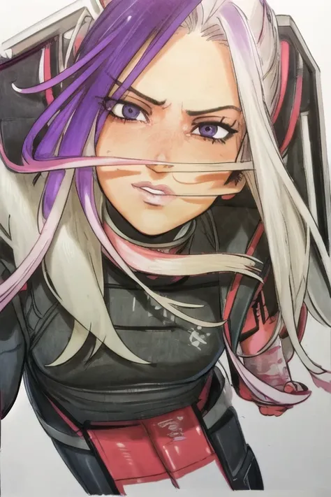 1girl, white hair, long hair, techwear  <lora:strlxsslora:1>, masterpiece, bestquality, realistic, realism, dark purple jacket, detailed eyes, <lora:omarDoganStyleLORA_omardogan08v2:1>, masterpiece, highres, best quality, (sketch:0.2), line-art, (traditional media:0.9), western comics (style), marker \(medium\), traditional media, by [Patrick Brown (/artist)/:0.6], (Dan DeCarlo:0.8), Phil Noto, [ :Horikoshi Kouhei:0.8], (flat shading:1.1), sharp focus, outline, soft lighting, sharp shadows, subsurface scattering, simple background, abstract background, grain:0.4