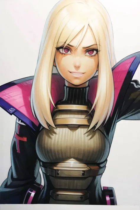 1girl, white hair, long hair, techwear  <lora:strlxsslora:0.7>, masterpiece, best quality, realistic, realism, jacket, detailed eyes, <lora:omarDoganStyleLORA_omardogan08v2:1>, highres, (sketch:0.2), line-art, (traditional media:0.9), western comics (style), marker \(medium\), traditional media, by [Patrick Brown (/artist)/:0.6], (Dan DeCarlo:0.8), Phil Noto, [ :Horikoshi Kouhei:0.8], (flat shading:1.1), sharp focus, outline, soft lighting, sharp shadows, subsurface scattering, simple background, abstract background, grain:0.4, sexy smile, half closes eyes
