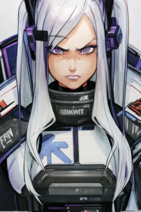 1girl, white hair, long hair, techwear  <lora:strlxsslora:1>, masterpiece, bestquality, realistic, realism, dark purple jacket, detailed eyes, <lora:omarDoganStyleLORA_omardogan08v2:1>, masterpiece, highres, best quality, (sketch:0.2), line-art, (traditional media:0.9), western comics (style), marker \(medium\), traditional media, by [Patrick Brown (/artist)/:0.6], (Dan DeCarlo:0.8), Phil Noto, [ :Horikoshi Kouhei:0.8], (flat shading:1.1), sharp focus, outline, soft lighting, sharp shadows, subsurface scattering, simple background, abstract background, grain:0.4