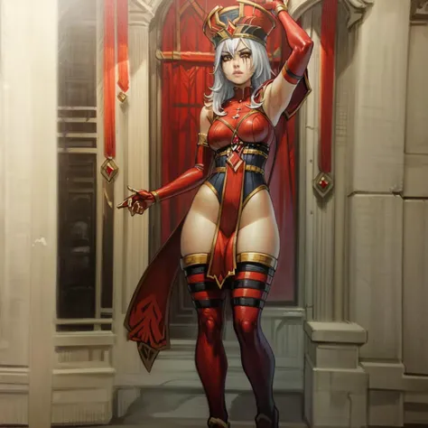masterpiece, highres, red background, game character portrait, black background, masterpiece, 1girl, minaba hideo, sally whitemane, leotard, thighhighs, elbow gloves, runny makeup, pelvic curtain, red tabard, full body, marker \(medium\), traditional media <lora:OmarDogan_08v2:0.9> <lora:SWhitemane8:0.8>