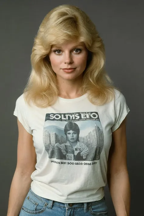 photo of loniand, a woman, 30 years old, wearing a Tshirt, solo, realistic, <lora:Loniand_V2-000008:0.8>, 1980s, 80s style, (masterpiece:1.1), (best quality:1.1), beautiful, (intricate details), unity 8k wallpaper, ultra detailed, beautiful, aesthetic, perfect lighting