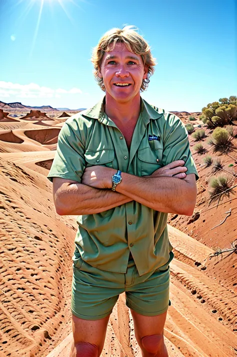 Steve Irwin, australian,  1boy, realistic, male focus, solo, shorts, shirt, upper body, blonde hair, outback desert, photo background, green shirt, short sleeves<lora:Steve_Irwin:0.75>