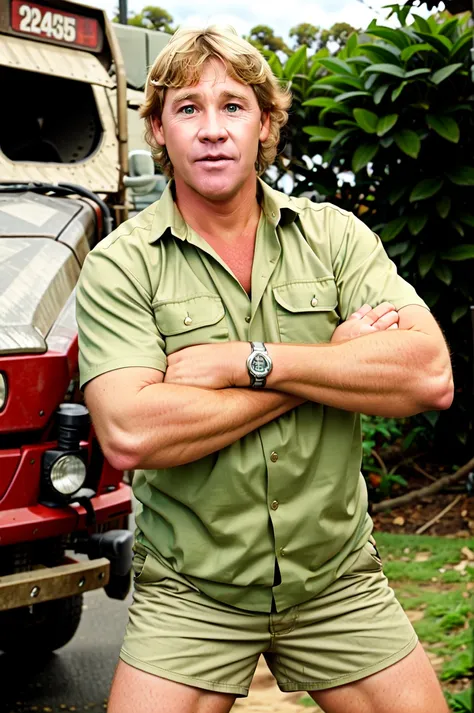 Steve Irwin, australian,  1boy, realistic, male focus, solo, shorts, shirt, blurry background,photo background, brown hair, standing, green shirt, short sleeves<lora:Steve_Irwin:0.75>