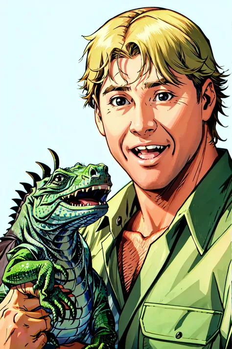 Steve Irwin, australian, solo, holding animal, 1boy, open mouth, male focus, realistic,iguana, green shirt, animal, looking at viewer, shirt, holding, smile, blonde hair, upper body,  blue background, black eyes<lora:Steve_Irwin:0.75>