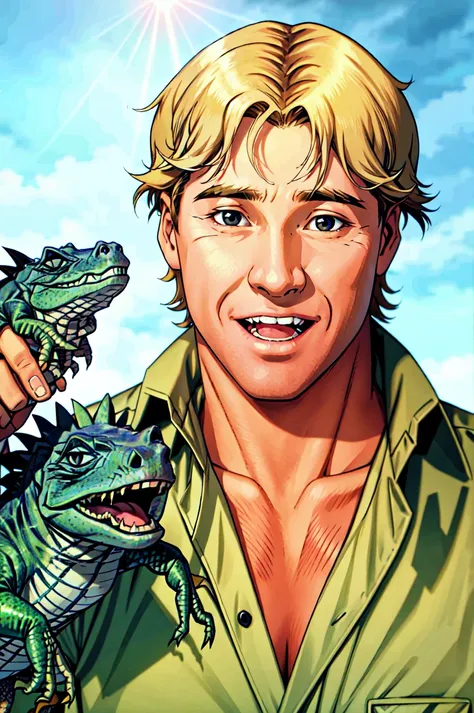 Steve Irwin, australian, solo, holding animal, 1boy, open mouth, male focus, realistic,iguana, green shirt, animal, looking at viewer, shirt, holding, smile, blonde hair, upper body,  blue background, black eyes<lora:Steve_Irwin:0.75>