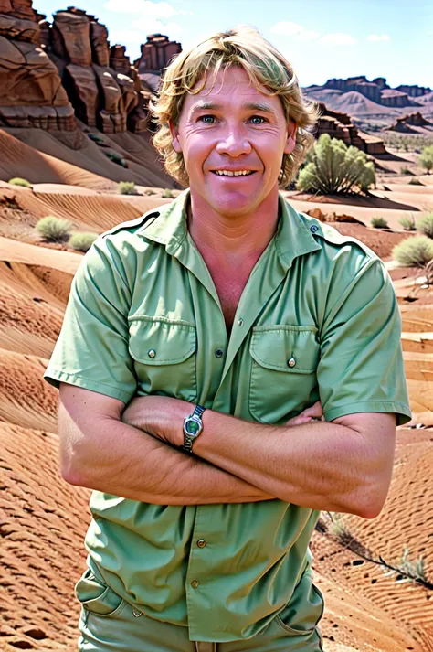 Steve Irwin, australian,  1boy, realistic, male focus, solo, shorts, shirt, upper body, blonde hair, outback desert, photo background, green shirt, short sleeves<lora:Steve_Irwin:0.75>