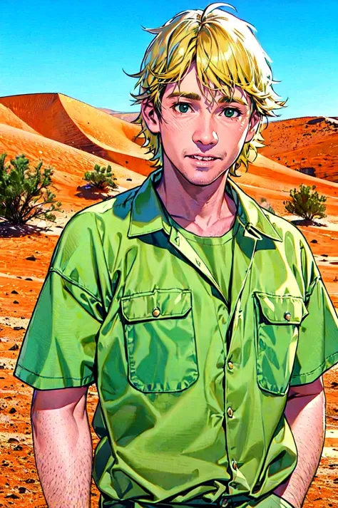 Steve Irwin, australian,  1boy, realistic, male focus, solo, shorts, shirt, upper body, blonde hair, outback desert, photo background, green shirt, short sleeves<lora:Steve_Irwin:0.6>