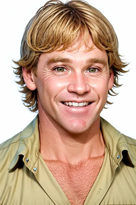 Steve Irwin,  solo, 1boy, realistic, male focus, smile, looking at viewer, simple background, white background, teeth, grin, shirt, upper body, blonde hair, brown hair, portrait<lora:Steve_Irwin:0.6>