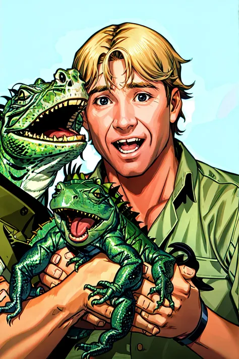 Steve Irwin, australian, solo, holding animal, 1boy, open mouth, male focus, realistic,iguana, green shirt, animal, looking at viewer, shirt, holding, smile, blonde hair, upper body,  blue background, black eyes<lora:Steve_Irwin:0.75>