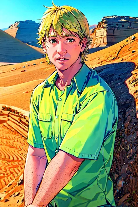 Steve Irwin, australian,  1boy, realistic, male focus, solo, shorts, shirt, upper body, blonde hair, outback desert, photo background, green shirt, short sleeves<lora:Steve_Irwin:0.6>