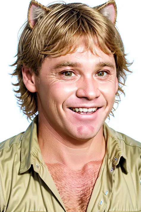 Steve Irwin, solo, 1boy, realistic, cat ears, animal ears, animal ear fluff, male focus, smile, looking at viewer, simple background, white background, teeth, grin, shirt, upper body, blonde hair, brown hair, portrait<lora:Steve_Irwin:0.75>
