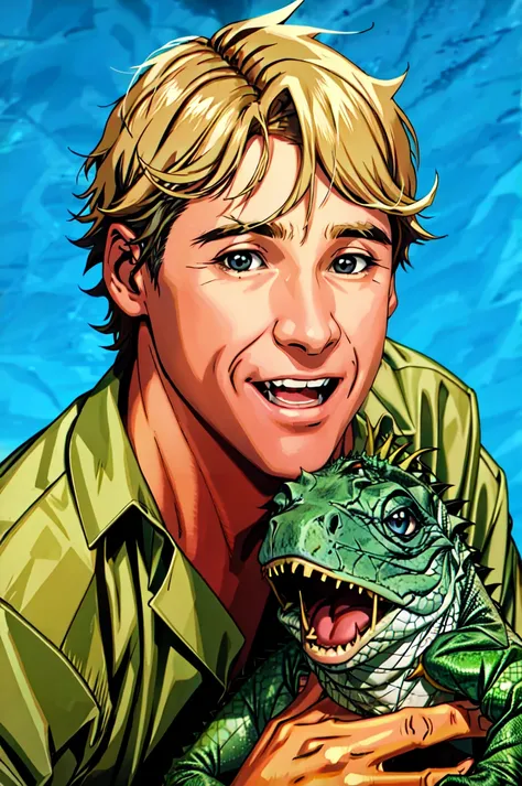 Steve Irwin, australian, solo, holding animal, 1boy, open mouth, male focus, realistic,iguana, green shirt, animal, looking at viewer, shirt, holding, smile, blonde hair, upper body,  blue background, black eyes<lora:Steve_Irwin:0.75>