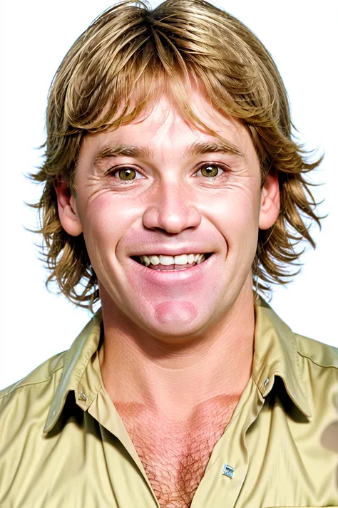 Steve Irwin, solo, 1boy, realistic, cat ears, animal ears, animal ear fluff, male focus, smile, looking at viewer, simple background, white background, teeth, grin, shirt, upper body, blonde hair, brown hair, portrait<lora:Steve_Irwin:0.75>