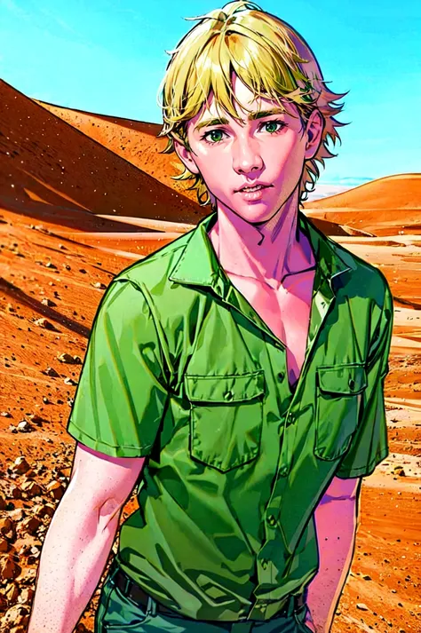 Steve Irwin, australian,  1boy, realistic, male focus, solo, shorts, shirt, upper body, blonde hair, outback desert, photo background, green shirt, short sleeves<lora:Steve_Irwin:0.6>