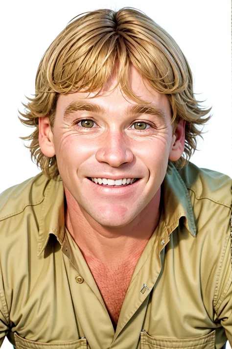 Steve Irwin,  solo, 1boy, realistic, male focus, smile, looking at viewer, simple background, white background, teeth, grin, shirt, upper body, blonde hair, brown hair, portrait<lora:Steve_Irwin:0.6>