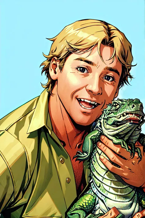 Steve Irwin, australian, solo, holding animal, 1boy, open mouth, male focus, realistic,iguana, green shirt, animal, looking at viewer, shirt, holding, smile, blonde hair, upper body,  blue background, black eyes<lora:Steve_Irwin:0.75>