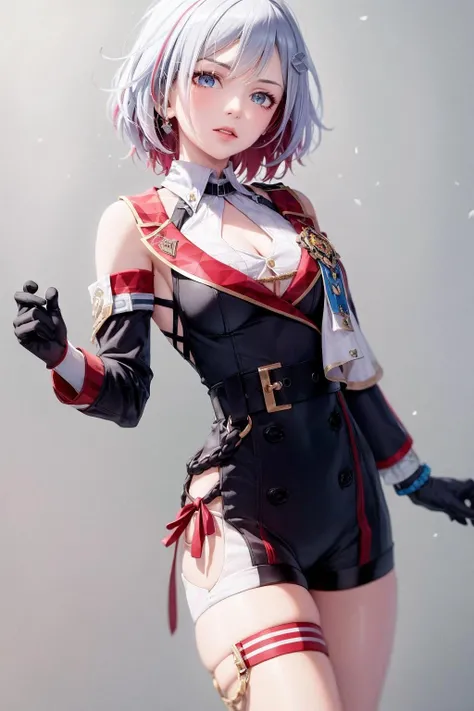 masterpiece, best quality,
<lora:Topaz:1>,
1girl,multicolored hair, short hair,hair ornament,blue eyes,bare shoulders,cleavage cutout,dress, short sleeves, black gloves, belt,shorts,thigh strap,grey background,