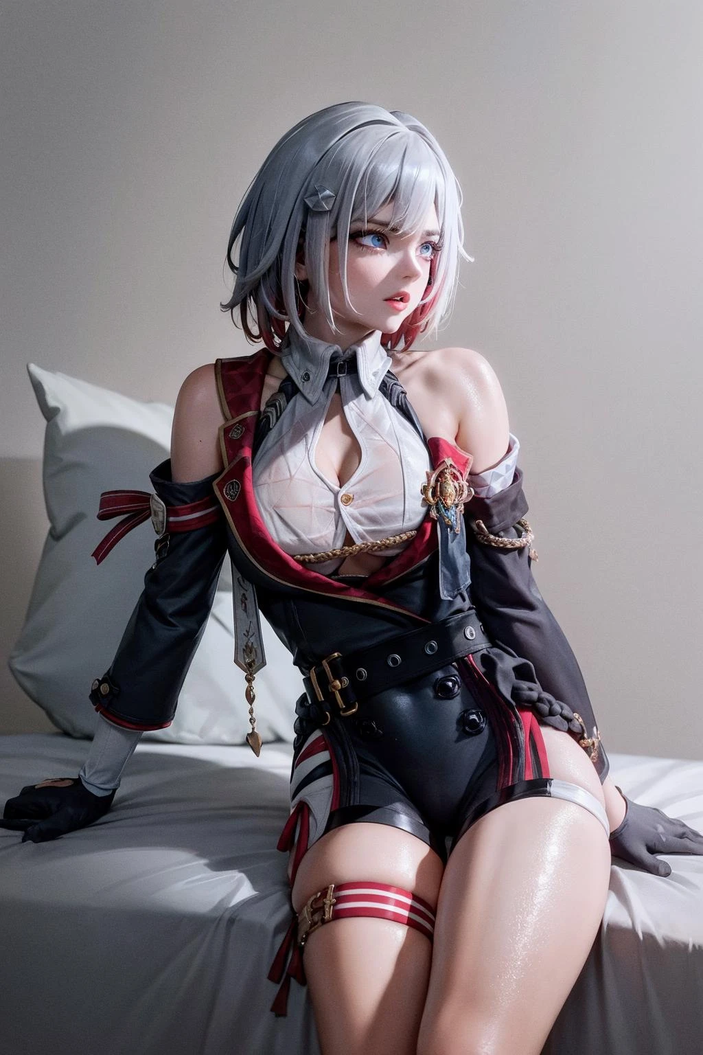 masterpiece, best quality,
<lora:Topaz:1>,
1girl,multicolored hair, short hair,hair ornament,blue eyes,bare shoulders,cleavage cutout,dress, short sleeves, black gloves, belt,shorts,thigh strap,coin,grey background,