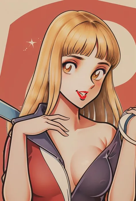 (masterpiece, best quality), 1girl, <lora:Kai_Himeko:0.8> Himeko, blonde hair, long hair, brown eyes, lipstick, big breasts, happy,