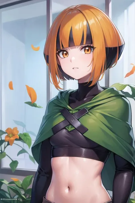 pokemongardenia, <lora:pokemongardenia-lora-nochekaiser:1>,
pokemongardenia, black hair, bob cut, multicolored hair, (orange eyes:1.5), orange hair, petals, short hair, two-tone hair,
BREAK belt, belt buckle, buckle, capelet, cargo shorts, midriff, navel, shorts, undershirt, long sleeves, green capelet, black undershirt,
BREAK looking at viewer, full body, (cowboy shot:1.5),
BREAK indoors,
BREAK <lyco:GoodHands-beta2:1>, (masterpiece:1.2), best quality, high resolution, unity 8k wallpaper, (illustration:0.8), (beautiful detailed eyes:1.6), extremely detailed face, perfect lighting, extremely detailed CG, (perfect hands, perfect anatomy),