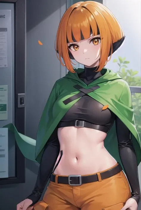 1girl, solo, photogenic adult mature woman, age 30, standing,high quality, best quality, high detail, highres, 4k 8k, shadows, natane, multicolored hair, green capelet, black croptop, long sleeves, midriff, belt, orange shorts, underboob, skindentation, undersized clothes, thick thighs, outdoors, large breasts