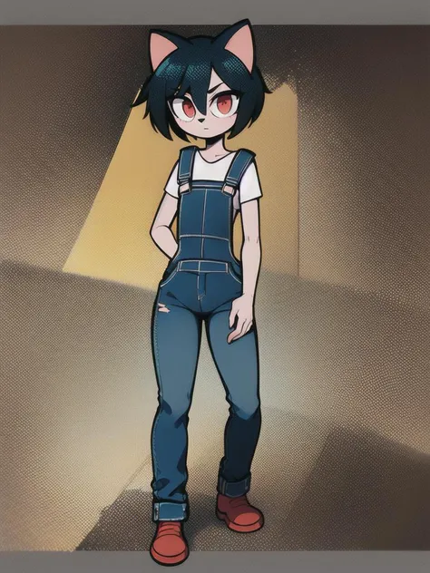 <hypernet:furry_3:0.50>,
1girl, solo, anthopomorphic animal, furry, cat girl,
hands in pockets, (((black jeans overalls))), red t-shirt,
portrait, half body, looking at viewer, standing,
detailed abstract background <hypernet:gaturo:0.95>