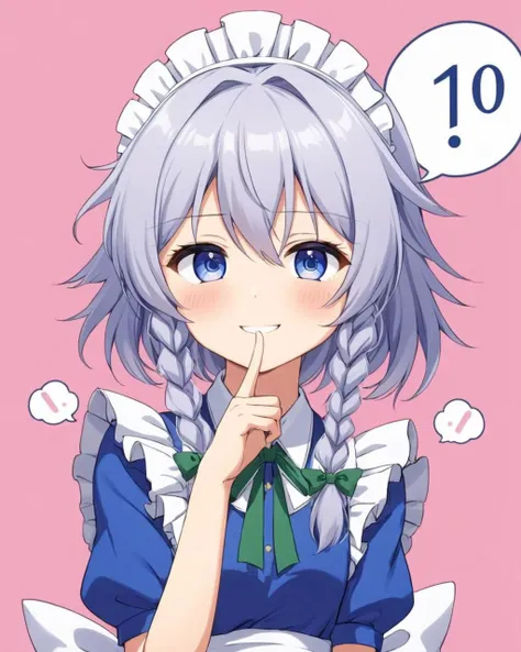 izayoi sakuya,1girl, maid_headdress, solo, twin_braids, pink_background, maid, blush, finger_to_mouth, simple_background, grin, speech_bubble, hair_bow, facing_viewer
<lora:izayoi_sakuya_image4179_2023-12-11-000007:1>,star-shaped_pupils,symbol-shaped_pupils,. gorgeous,key visual, vibrant, studio anime,award-winning, professional, highly detailed,high budget, cinemascope