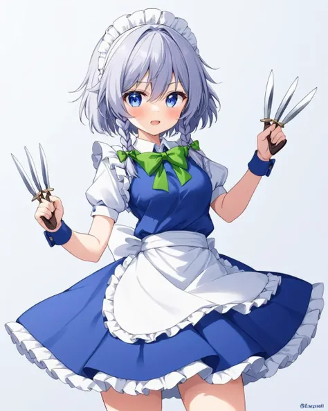 izayoi sakuya,1girl, solo, maid_headdress, maid, open_mouth, twin_braids, looking_at_viewer, green_bow, blue_dress, white_background, puffy_short_sleeves, blush, twitter_username, maid_apron, bowtie, wrist_cuffs, holding_knife, waist_apron, medium_breasts, hair_bow, cowboy_shot, weapon, white_apron, :d, simple_background, frills, hair_ribbon, green_ribbon, thigh_holster
<lora:izayoi_sakuya_image4179_2023-12-11-000007:1>,star-shaped_pupils,symbol-shaped_pupils,. gorgeous,key visual, vibrant, studio anime,award-winning, professional, highly detailed,high budget, cinemascope