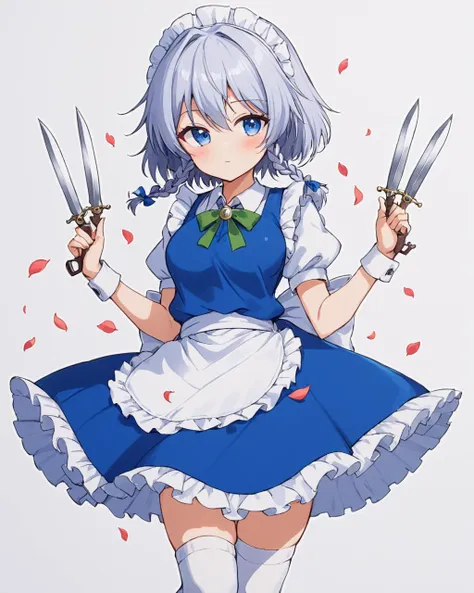 izayoi sakuya,1girl, solo, traditional_media, maid_headdress, pocket_watch, twin_braids, puffy_short_sleeves, looking_at_viewer, blue_dress, maid, holding_knife, waist_apron, white_socks, hair_ribbon, frilled_apron, blush, hair_bow, white_apron, weapon, medium_breasts, thigh_holster, closed_mouth, petals, white_shirt, neck_ribbon, feet_out_of_frame, maid_apron, marker_\(medium\), between_fingers
<lora:izayoi_sakuya_image4179_2023-12-11-000007:1>,star-shaped_pupils,symbol-shaped_pupils,. gorgeous,key visual, vibrant, studio anime,award-winning, professional, highly detailed,high budget, cinemascope